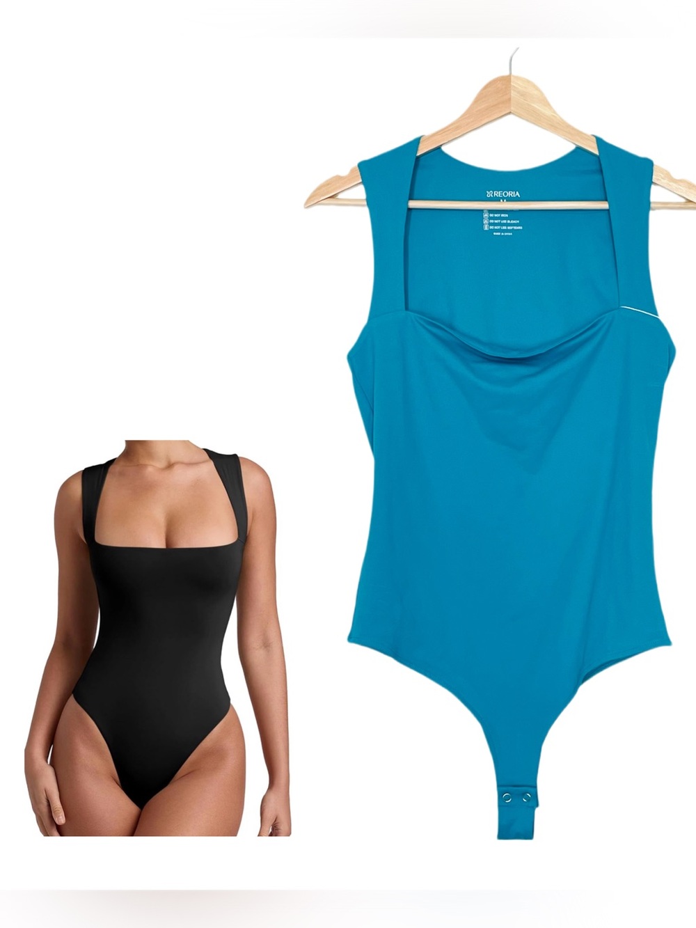 REORIA Sleeveless Square Neck Double Lined Basic Bodysuit Tank Top Medium Teal